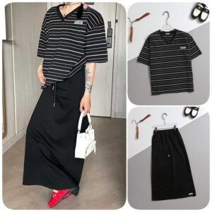 [미우미우] 수입 스트라이프 브이넥 반팔 티셔츠 & 핀턱 밴딩 롱 스커트 SET -블랙