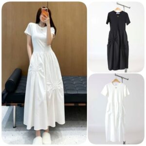 [발렌티노] 데일리 코튼 셔링 롱 원피스 ㆍ color ㅡ 화이트, 블랙 ㆍ size ㅡ 55. 66. 77