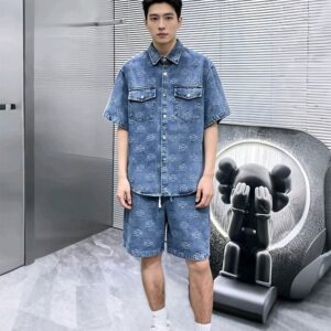 [로에베] 아나그램 엠브로이디드 하프 슬리브 데님 셔츠 & 데님 쇼츠 셋