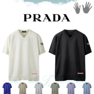 [프라다] 린넨 브이넥 반팔 니트 아이보리 블랙 블루 베이지 그레이 카키 퍼플 스카이 린넨 + 면