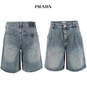 [프라다] [P] 베이지틴 4부 핀턱 벌룬 세미 와이드 팬츠
