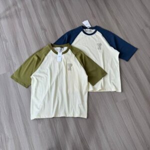 [아미] 26 하트 크로셰 패치 배색 티셔츠 - 수입 Color 아이보리&네이비 , 아이보리&그린 Size L , XL 미세오차 +,-1~3cm 가슴,기장,어깨+소매