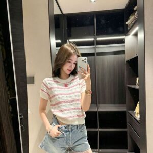 [샤넬] CL 33035 스트라이프 아일렛 가터 니트 반팔
