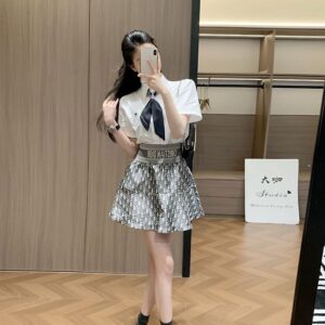 [디올] DI 33015 프레피 스카프 세트 반팔 셔츠+오블리크 스커트 세트