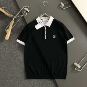 [쿠치넬리] 넥배색 자수로* 쿨링 니트라운드 Color 크림화이트. 블랙 Size 95. 100. 105. 110