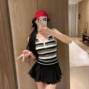 [디올] DI 33063 스트라이프 헨리넥 슬리브리스 탑