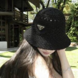 [프라다] 라피아 벨트 버킷 햇 블랙